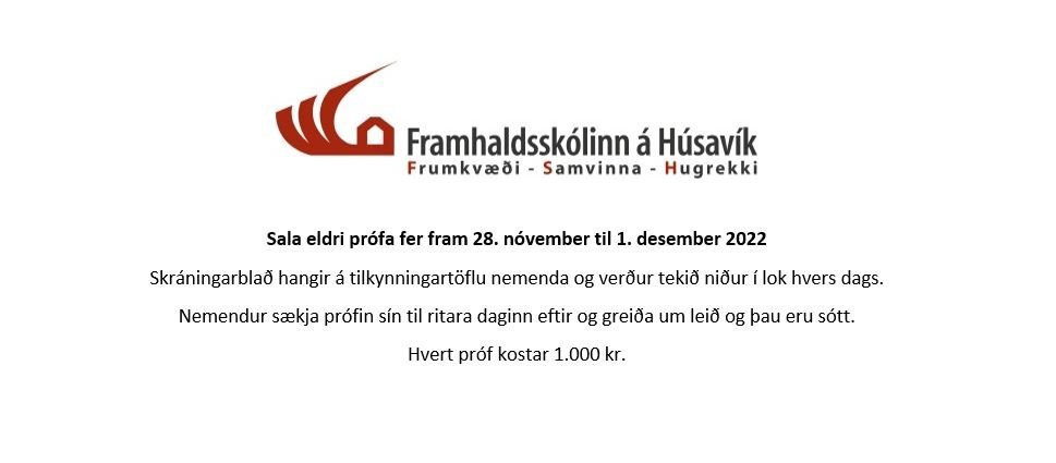Sala eldri prófa fer fram 28. nóvember til 1. desember