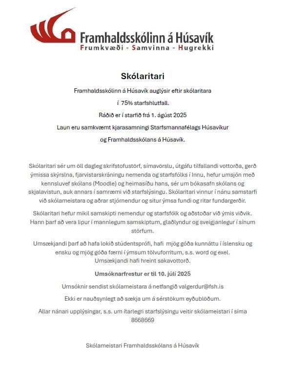 Laus er til umsóknar staða skólaritara við Framhaldsskólann á Húsavík